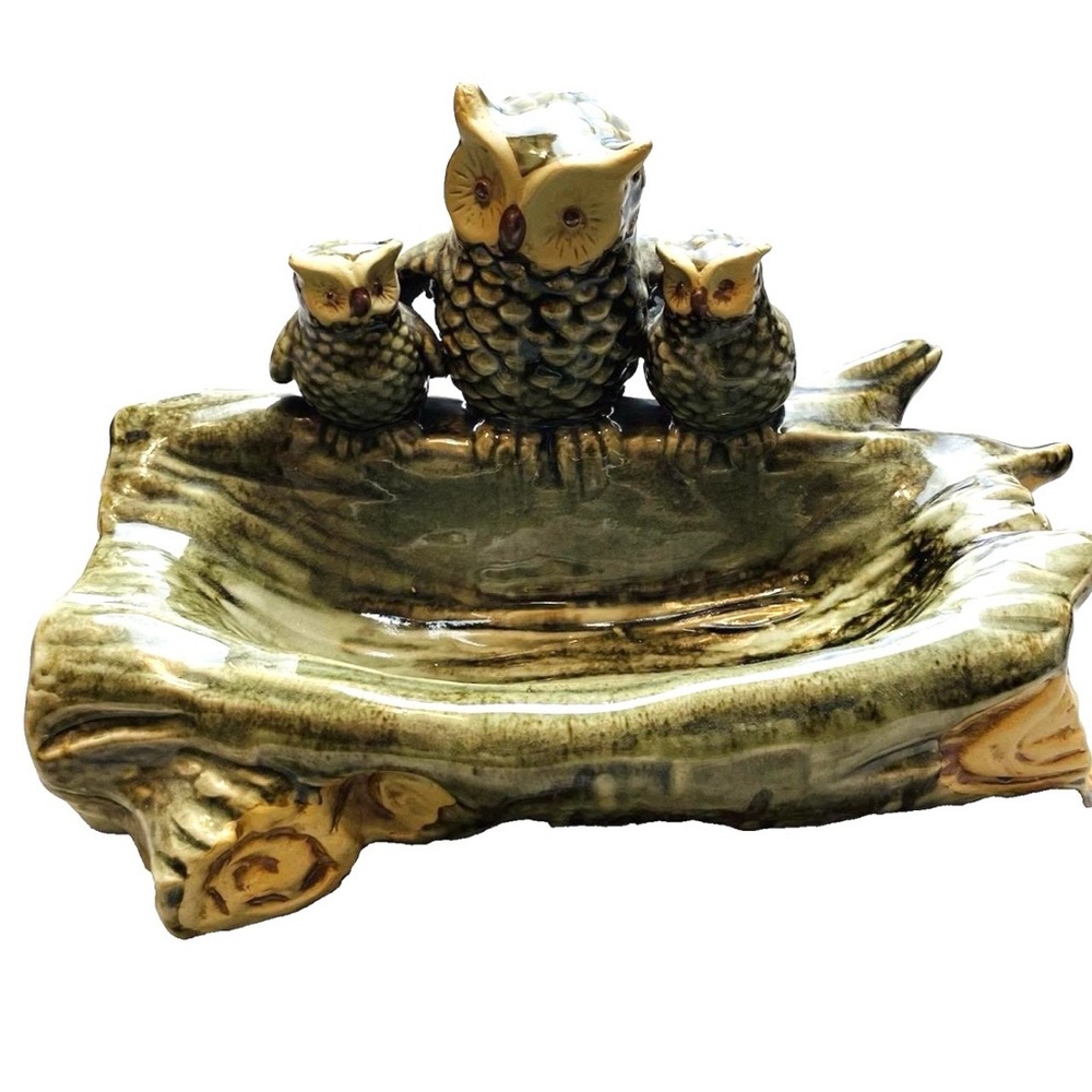 Ceramic Pottery Owls on a Log Dish Bowl Green Glazed Mama Babies Rustic‎ Cabin